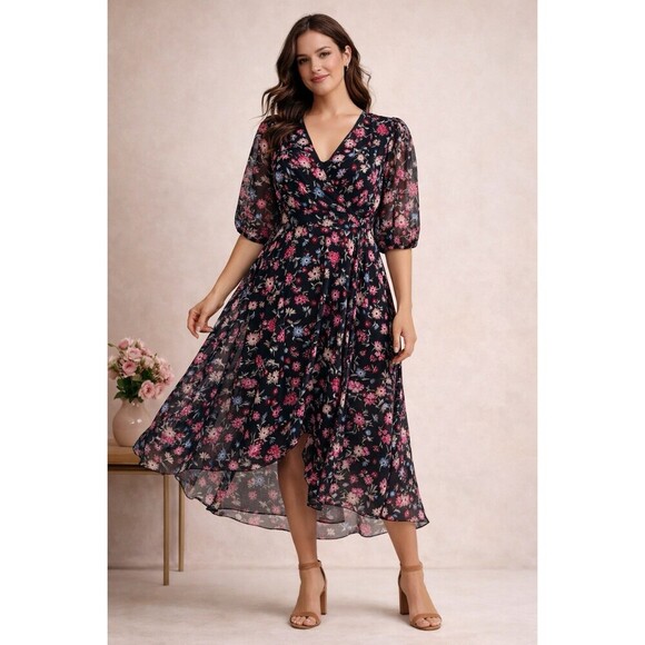 Calvin Klein Dresses & Skirts - Calvin Klein Floral Puff Sleeve MIDI Dress SZ 12 Romantic Easter Church Modest